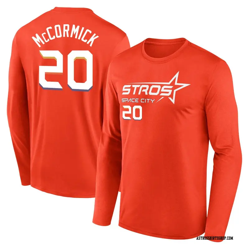 Men's Houston Astros ＃20 Chas McCormick Orange 2025 City Connect Name & Number Long Sleeve T-Shirt