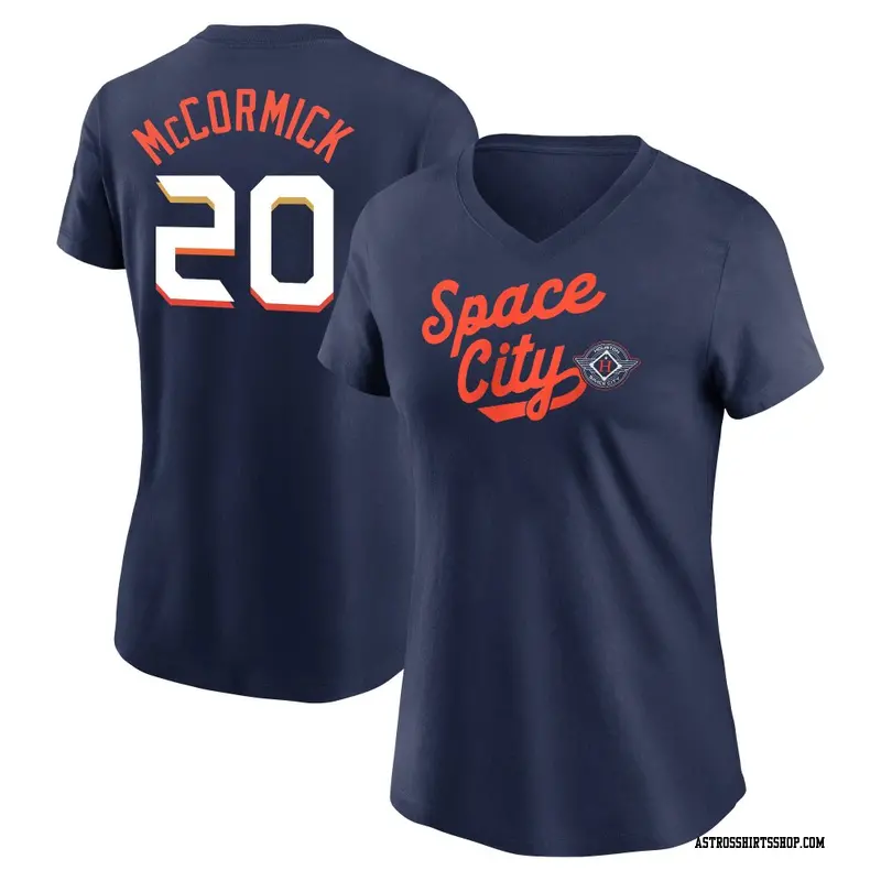 Women's Houston Astros ＃20 Chas McCormick Navy 2025 City Connect Team Phrase Performance Name & Number T-Shirt