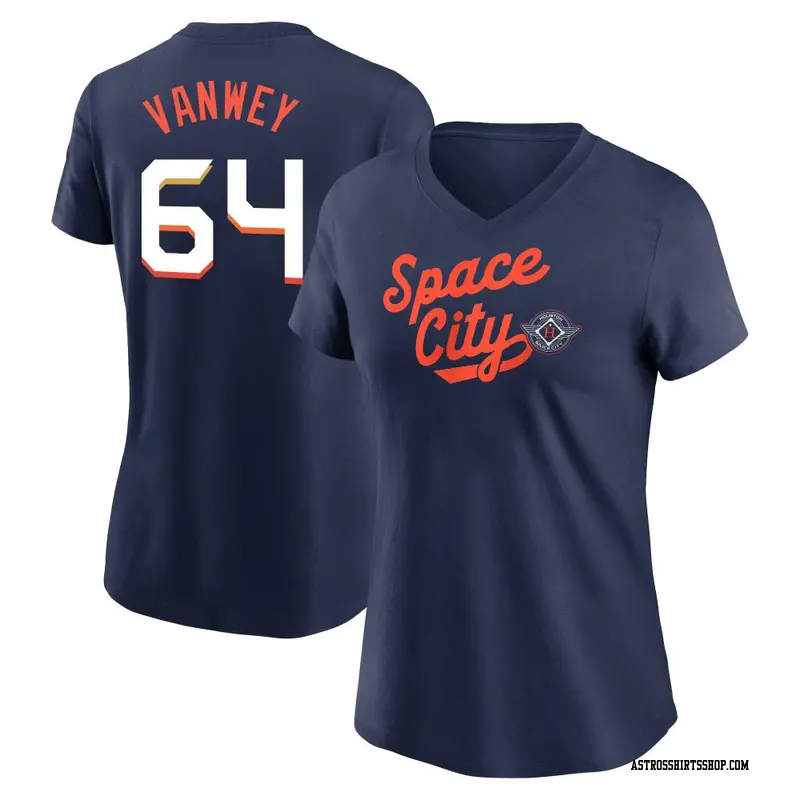 Women's Houston Astros ＃64 Logan VanWey Navy 2025 City Connect Team Phrase Performance Name & Number T-Shirt