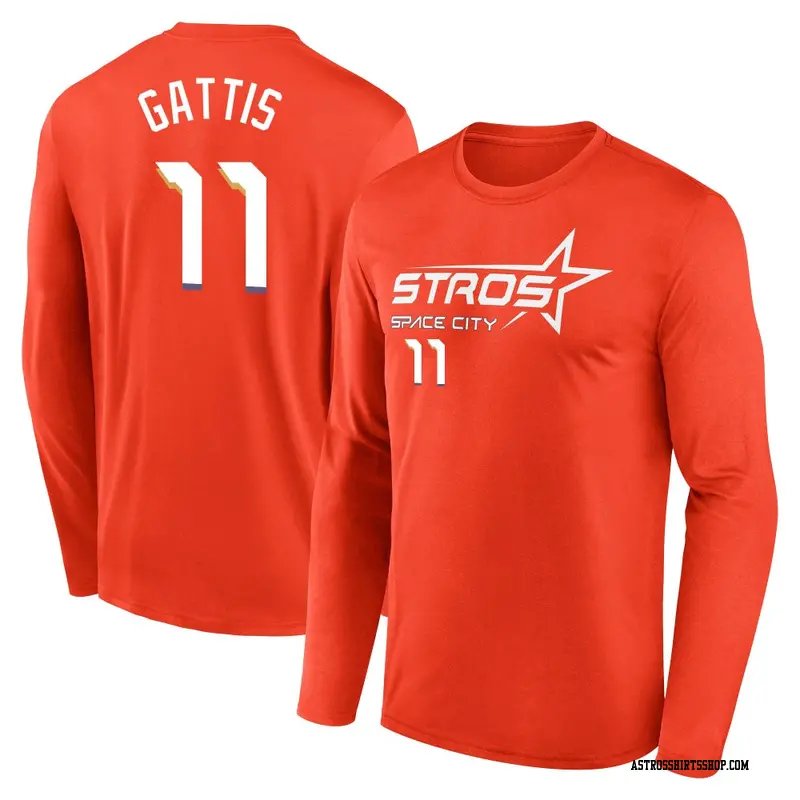 Youth Houston Astros ＃11 Evan Gattis Orange 2025 City Connect Name & Number Long Sleeve T-Shirt